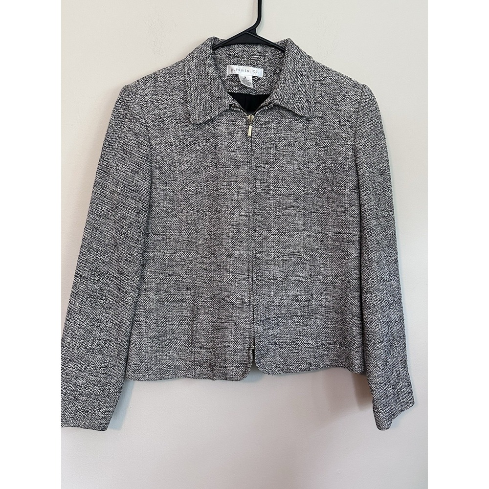 Vintage 100% Silk Woven Tweed Women's Zip Front Blazer Size MEDIUM Interview